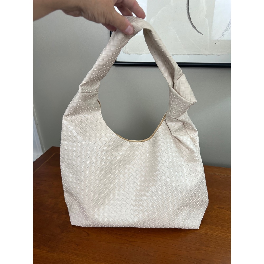 Ulta Beauty Cream Woven Hobo Bag Knotted Handle Shoulder Tote Cream White